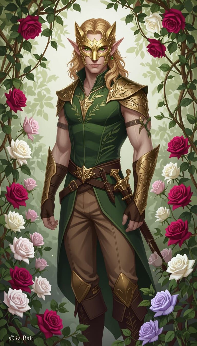 Elf Warrior in Rose Garden, Matte Painting Style