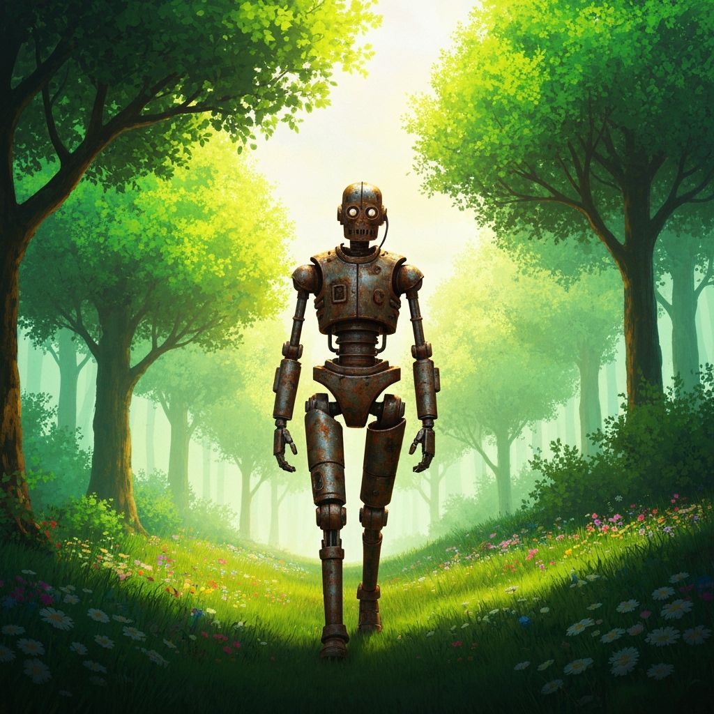 Rusty Robot Explores Vibrant Forest in Industrial Style