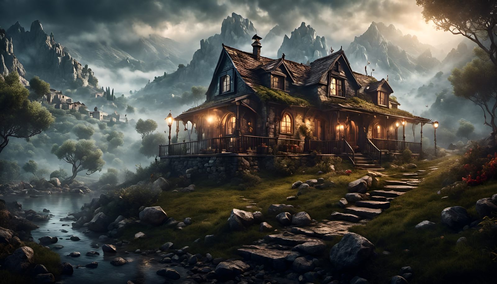Surreal Steampunk Cottage Amidst Misty Mountains