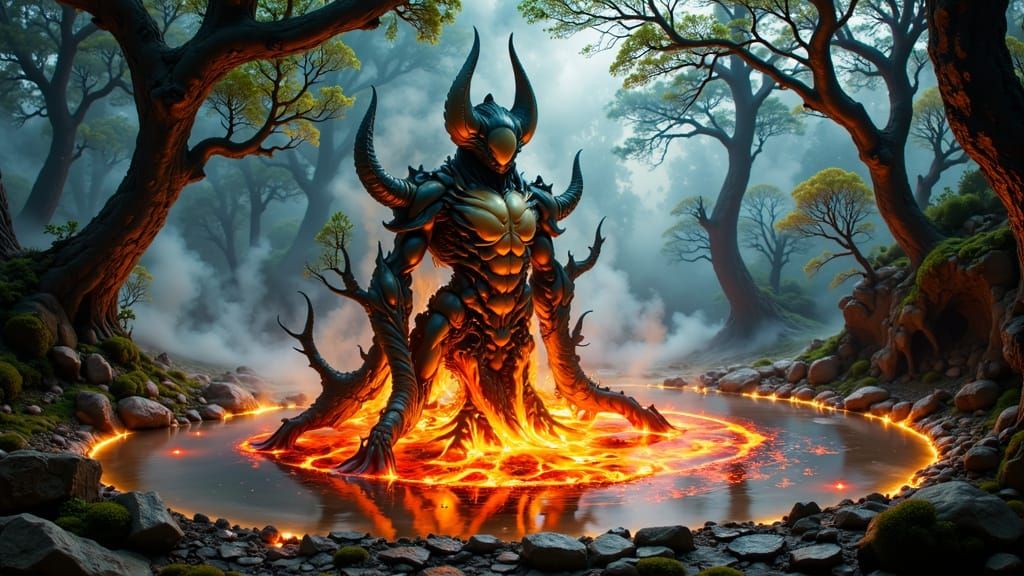 Surreal Birth of Gnoctacious From Lava in Misty Woodland
