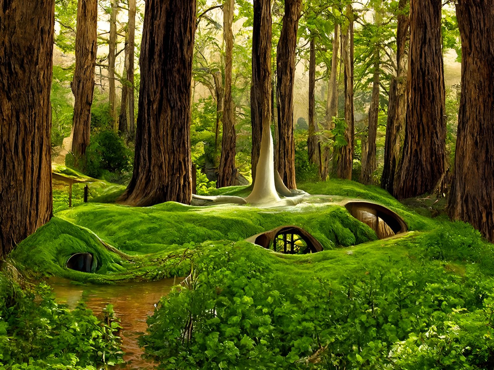 Enchanted Redwood Haven in Realistic Oil Painting Style