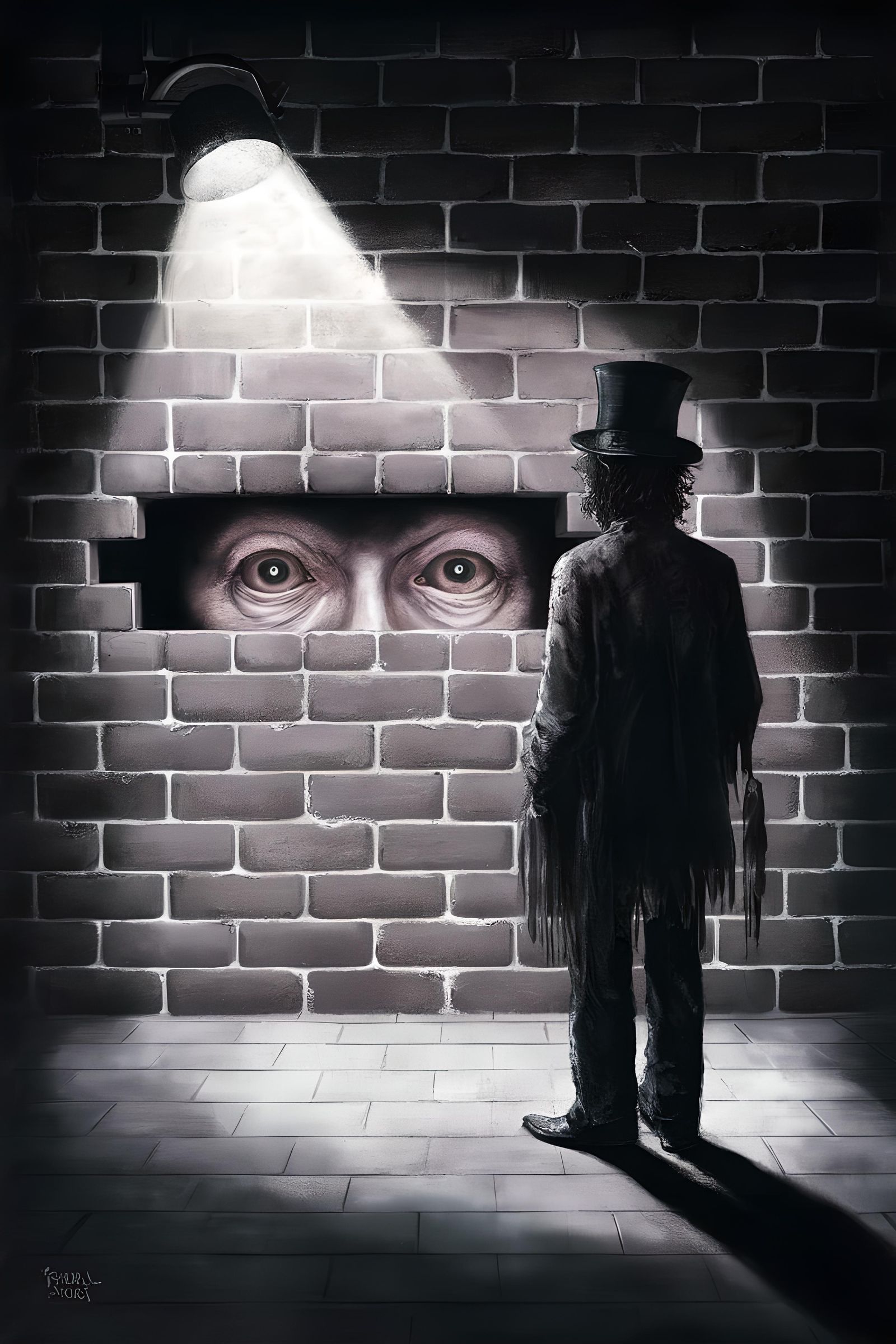 Dark Brick Wall Haunts Silhouetted Figure in Mourning Attire