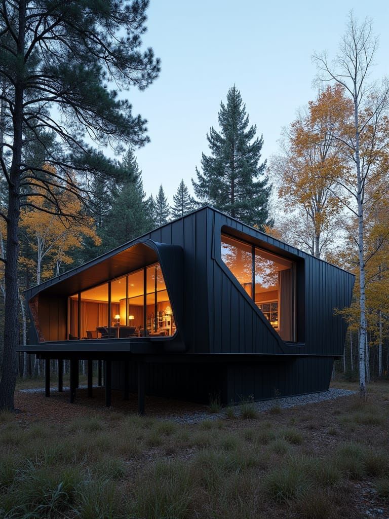 Modern Cabin in Autumnal Forest, Stalenhag Lighting