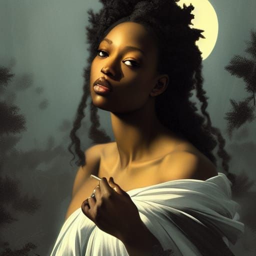 Black Princess Portrait in Forest Moonlight