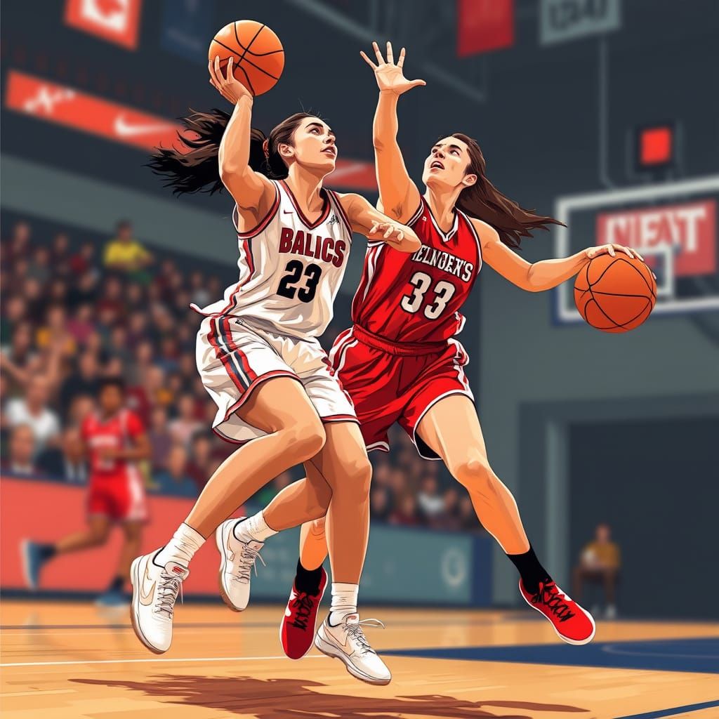 Female Players from the two teams are in a fierce confrontation.