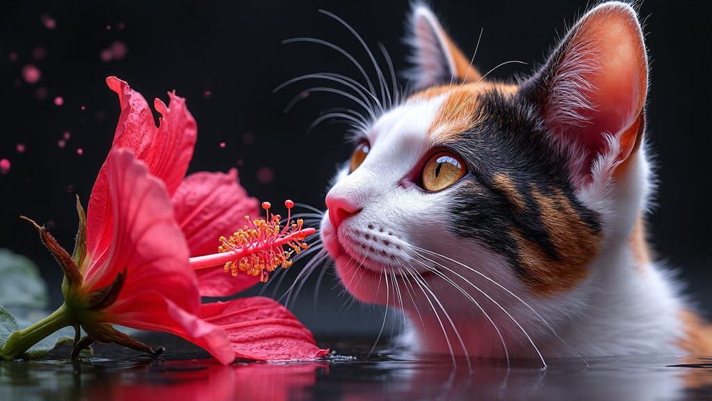 Calico Cat with Hibiscus Flower in Digital Art
