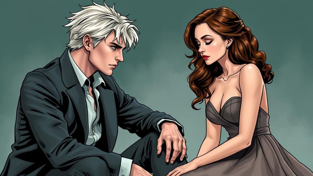 Adult Draco Malfoy, mid 20's, White blonde ruffled hair, silver eyes, smooth body, handsome, chisseled features, scars a...