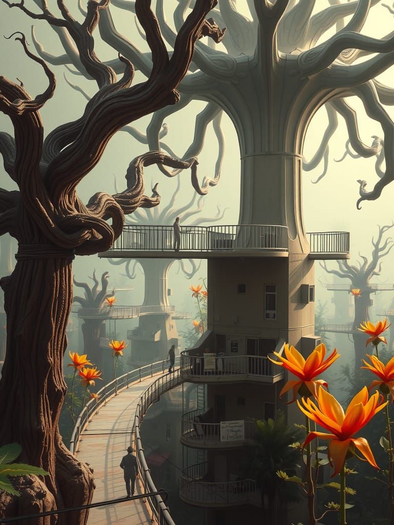 Ethereal Apartment Complex Amidst Alien Forest