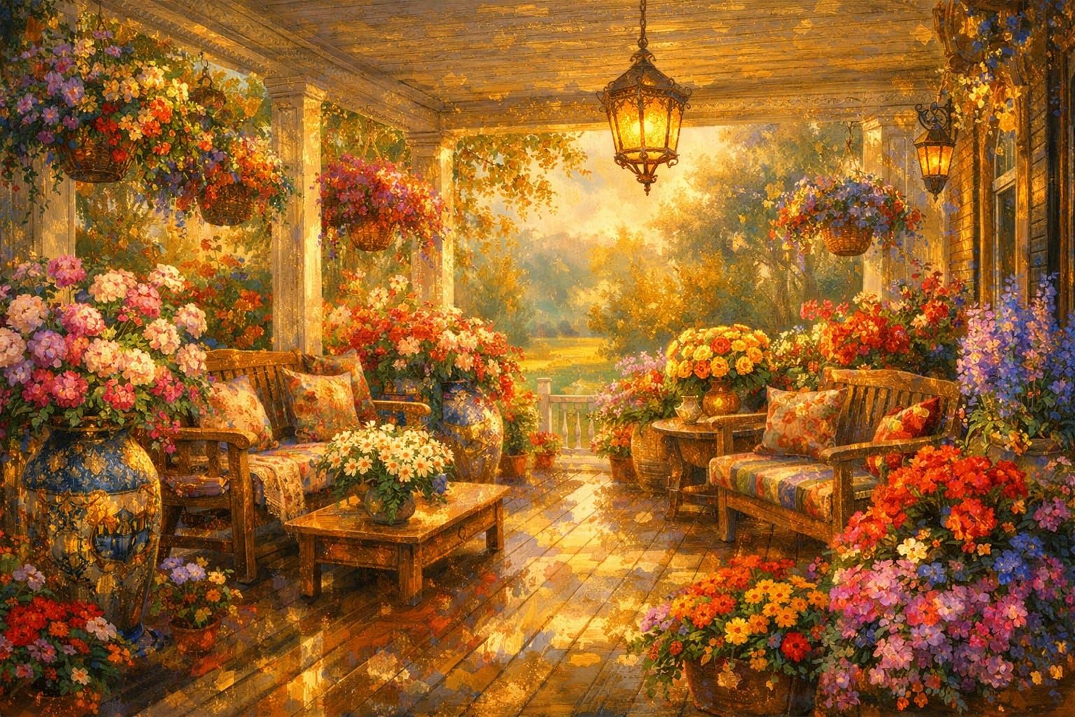 Vibrant Floral Porch in Multicolored Hyperrealism