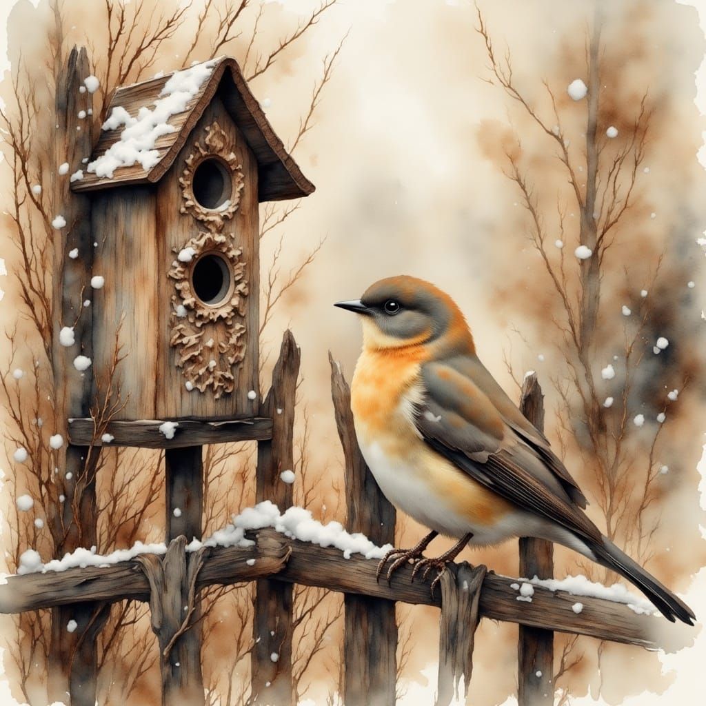 Delicate Songbird on Worn Fence with Vintage Birdhouse in Gr...