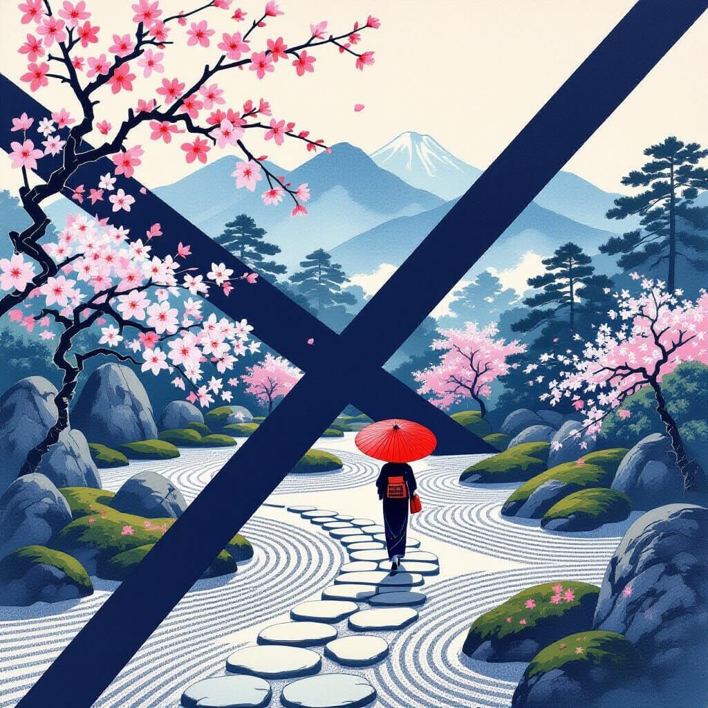 Zen Garden Serenity: Ukiyo-e Woodblock Print