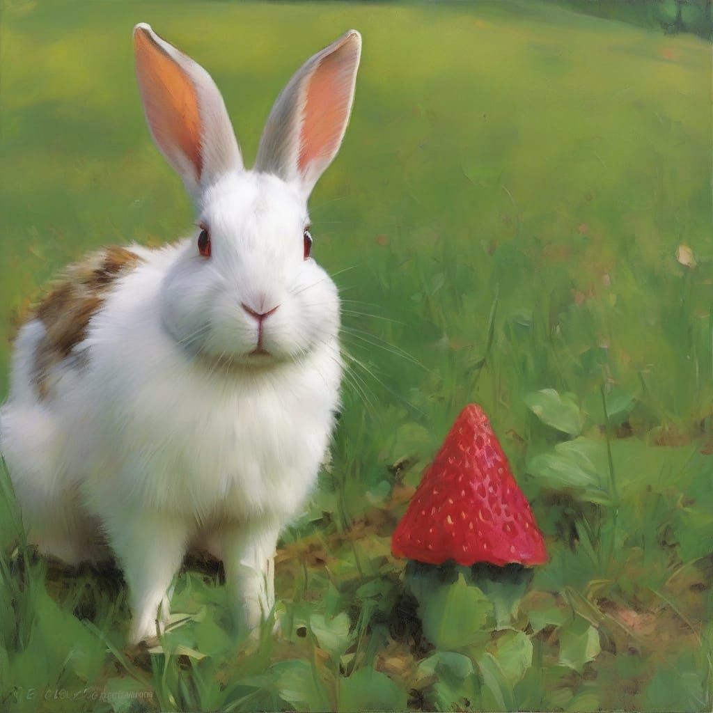 Rabbit Munching Grass with Frog Thoughts, Cannon Fire Backgr...