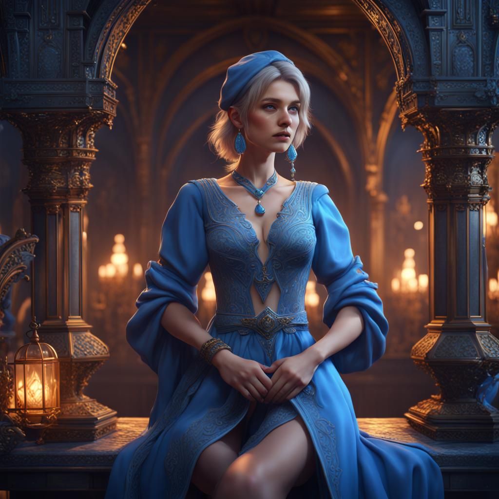 Cute Woman in Shimmering Blue Diamond Realism