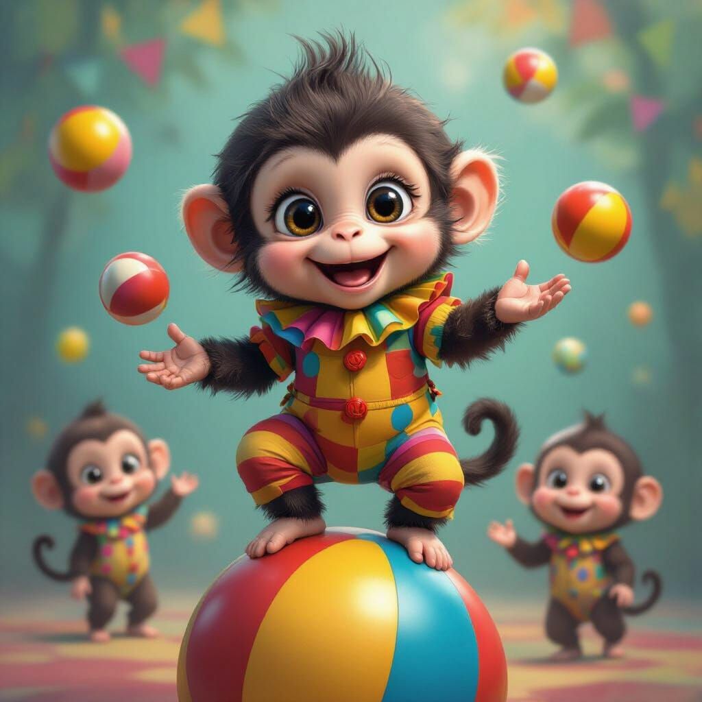 Clown Monkey Balances on Ball