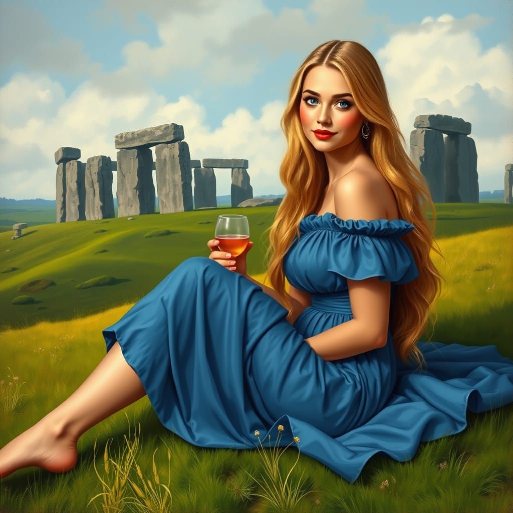 Blonde Woman's Stonehenge Picnic in Renaissance Style