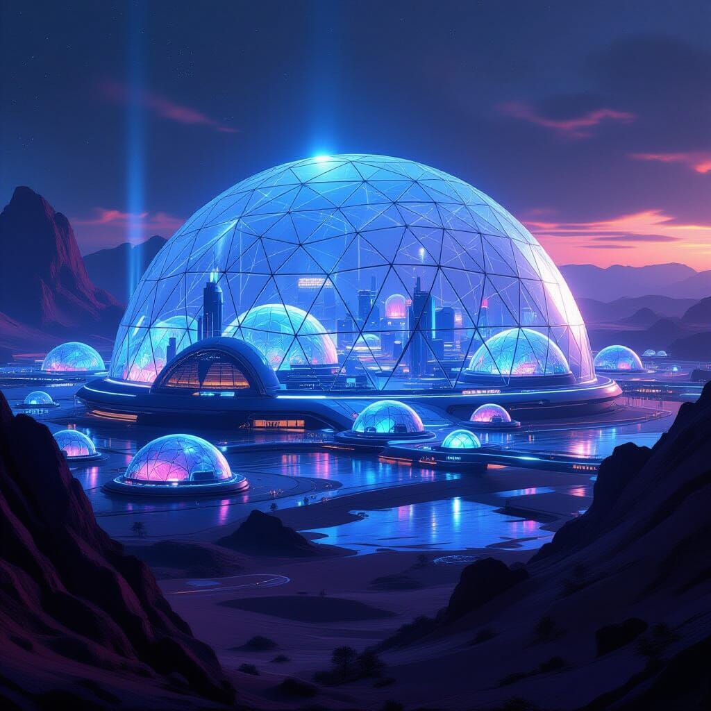 Martian City Under Geodesic Dome With Bioluminescent Flora