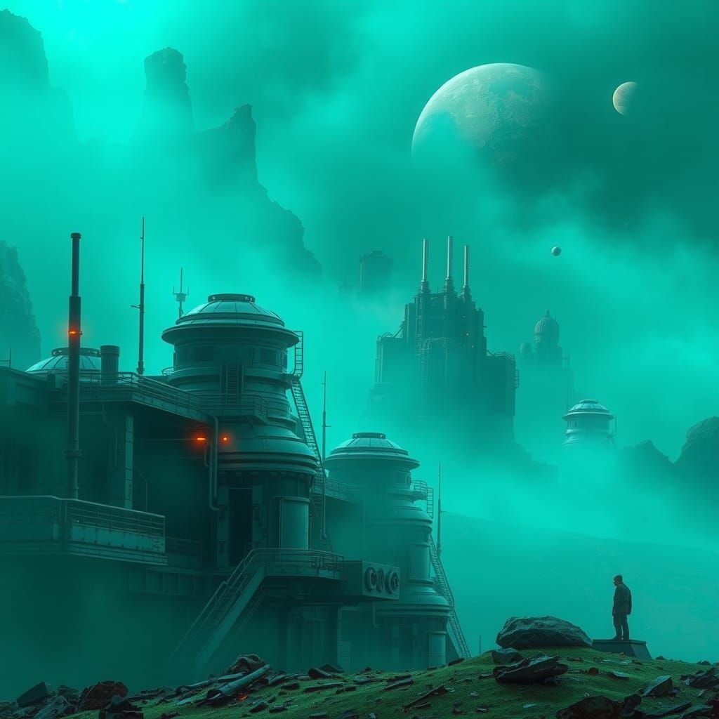 Distant Planet Colony in Eerie Cyberpunk Landscape