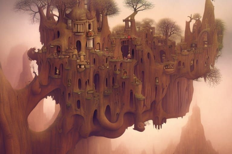 Epic Maximalist Cliff Dwelling with Trees and Lampposts in T...