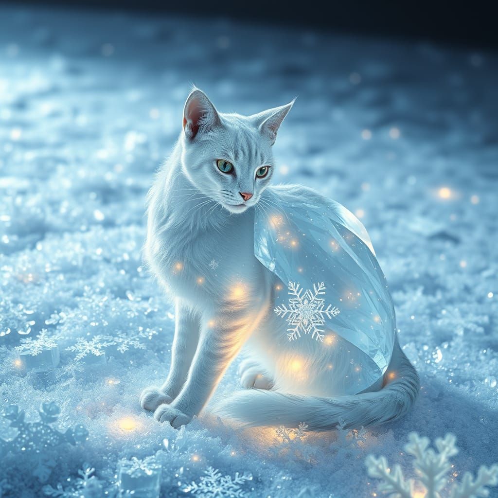 Regal Crystal Cat in a Winter Wonderland Scene