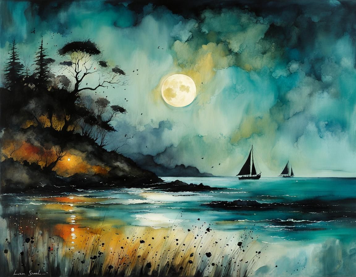 Whimsical Seascape Twilight Dreamscape in Dark Ink Swashes