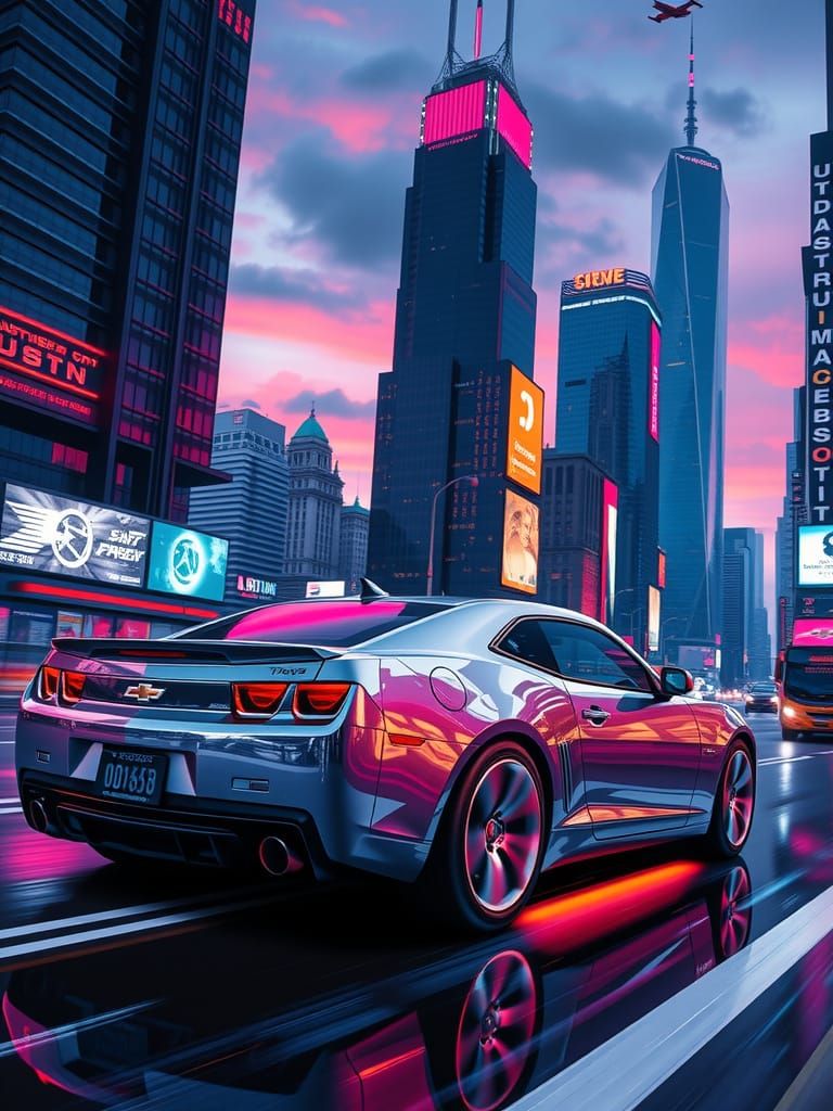 Futuristic Chrome Camaro in Neon Cityscape