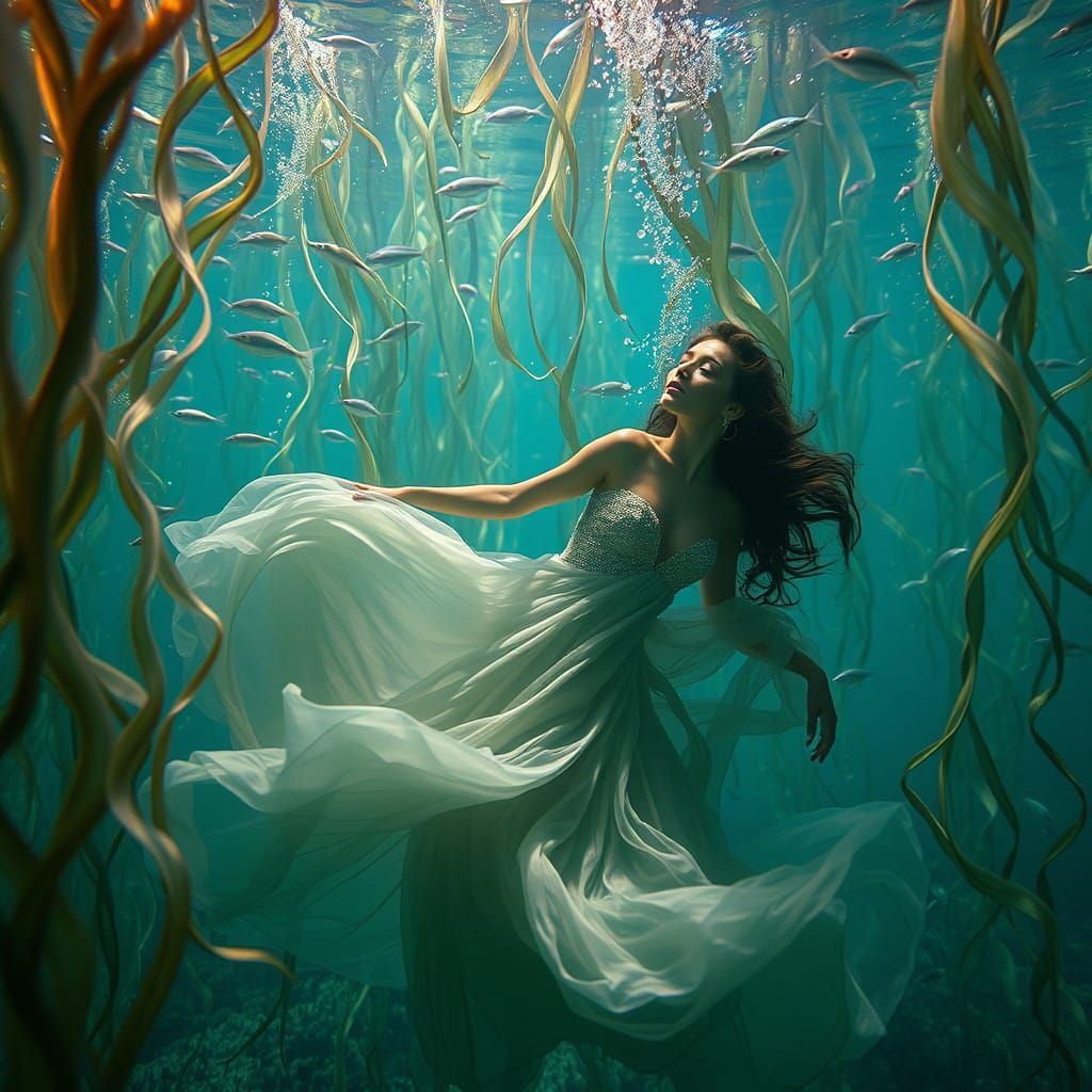 Mysterious Underwater Goddess in Ethereal Seaweed Kingdom