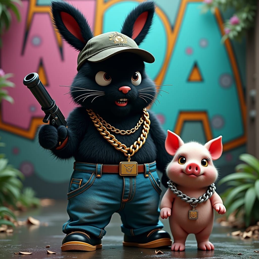 Hyperrealistic, bad , gangster black fluffy bunny with a huge clock,shoots with a water pistol with a chain around his n...