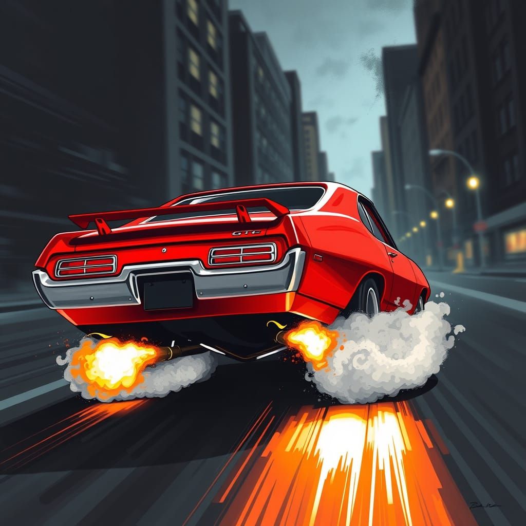 Rear View of a Cherry Red 1969 Pontiac Judge GTO in High-Spe...