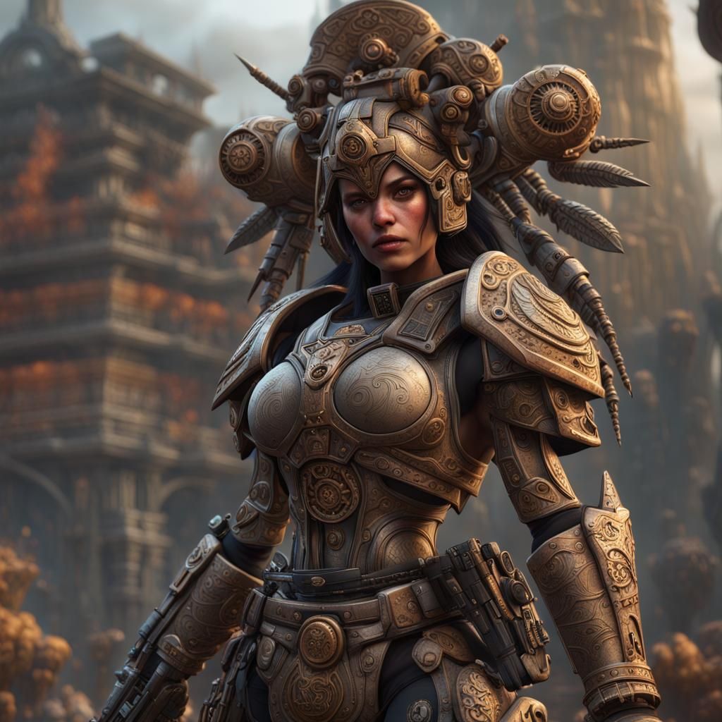 Intricately Ornamented Warhammer 40k Warrior Goddess Amidst...