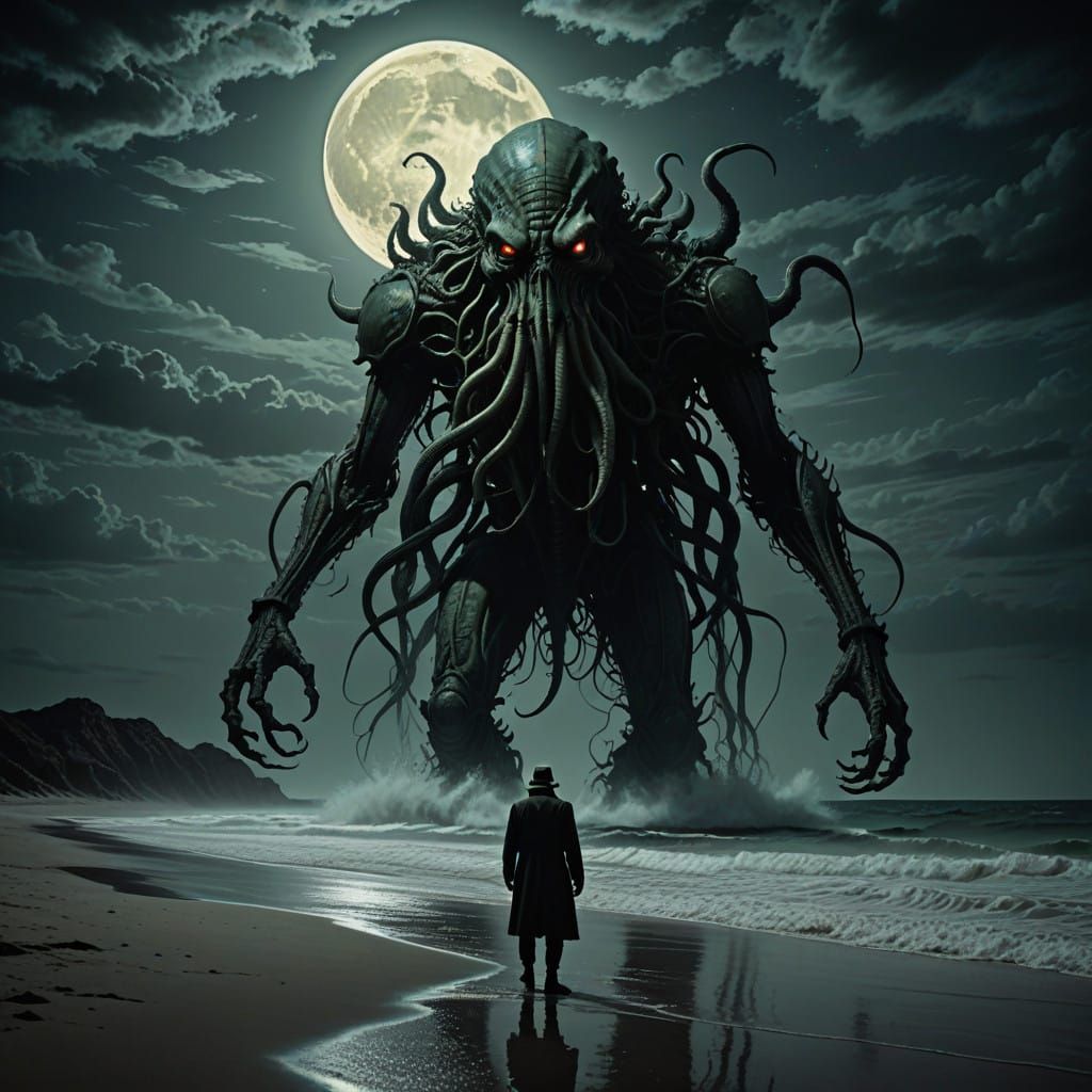 Cthulhu Emerges from Dark Waters in Nocturnal Beach Scene