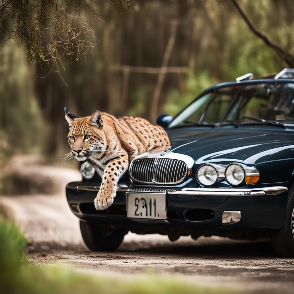 Jaguar Car Hood Surmounted by a Languid Lynx in Profound Bok...