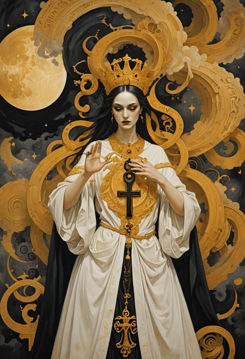 Gothic Demon Queen in Elegant Robes with Radiant Fairy