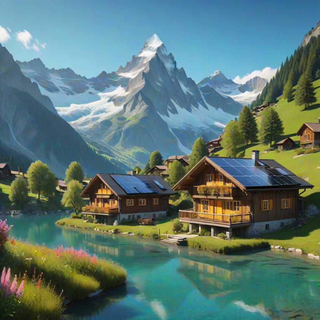 Surreal Solarpunk Chalet in Majestic Alpine Haven