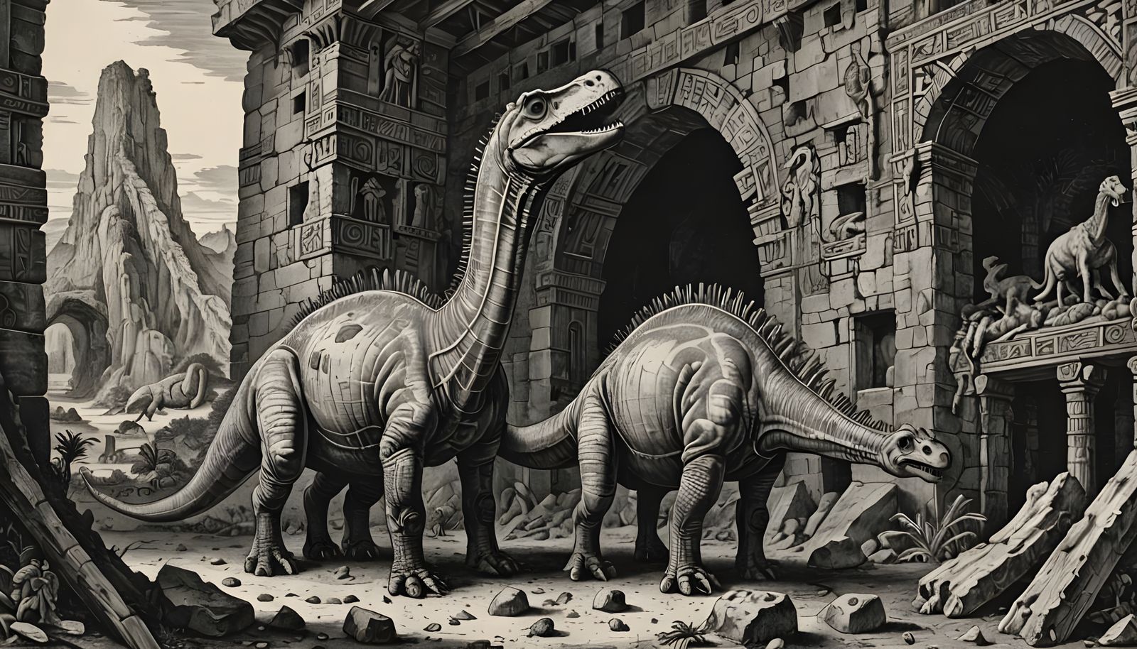 A Majestic Brontosaurus in Ancient Aztec Ruins, in a Woodcut...