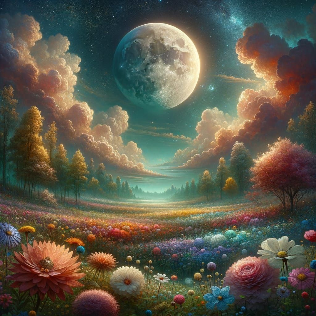 Moonrise Over Floral Meadow, Detailed Matte Painting