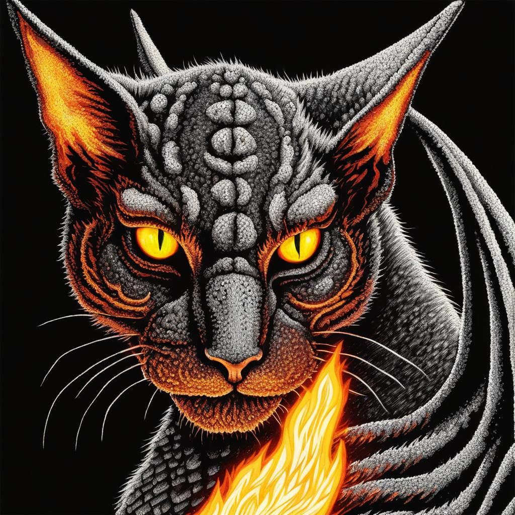 Glowing Fairy Cat with Wings, Fire Breathing Dragon in Cosmi...