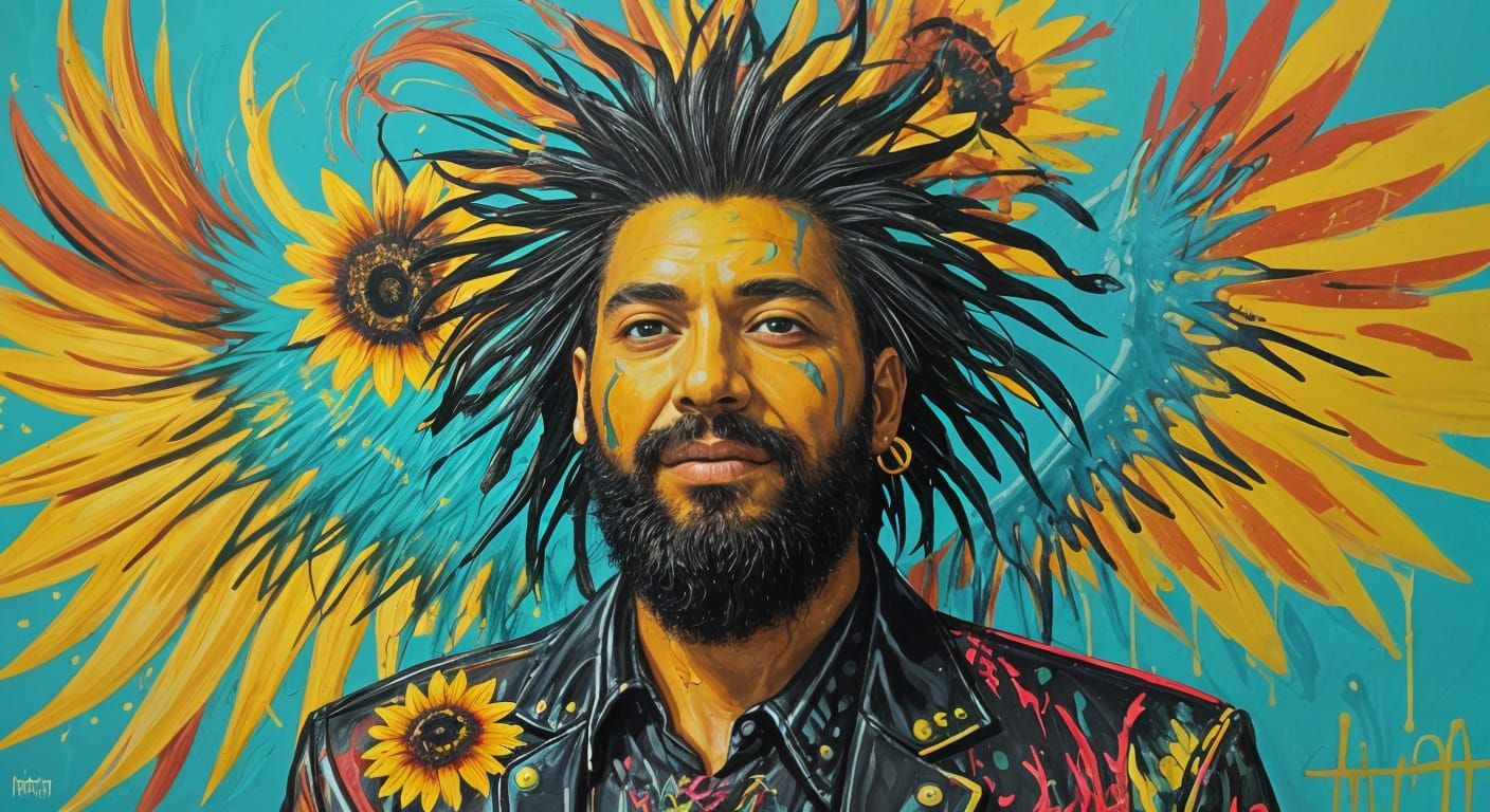 Vibrant Portrait of a Sunflower with Bees, in High Contrast....