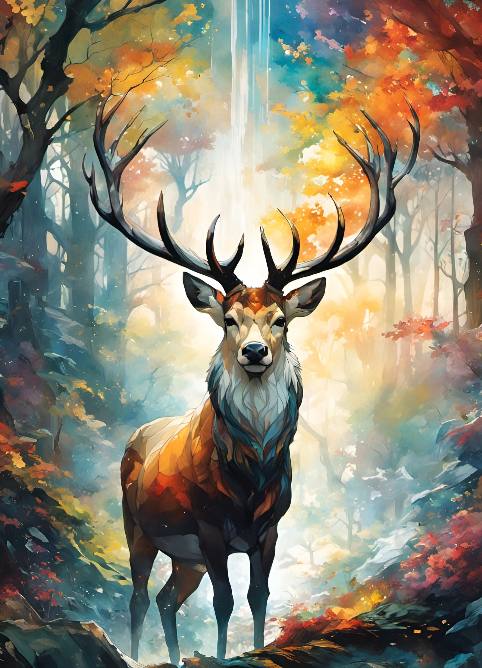 Ethereal White Stag Illuminates the World in Vibrant Stained...