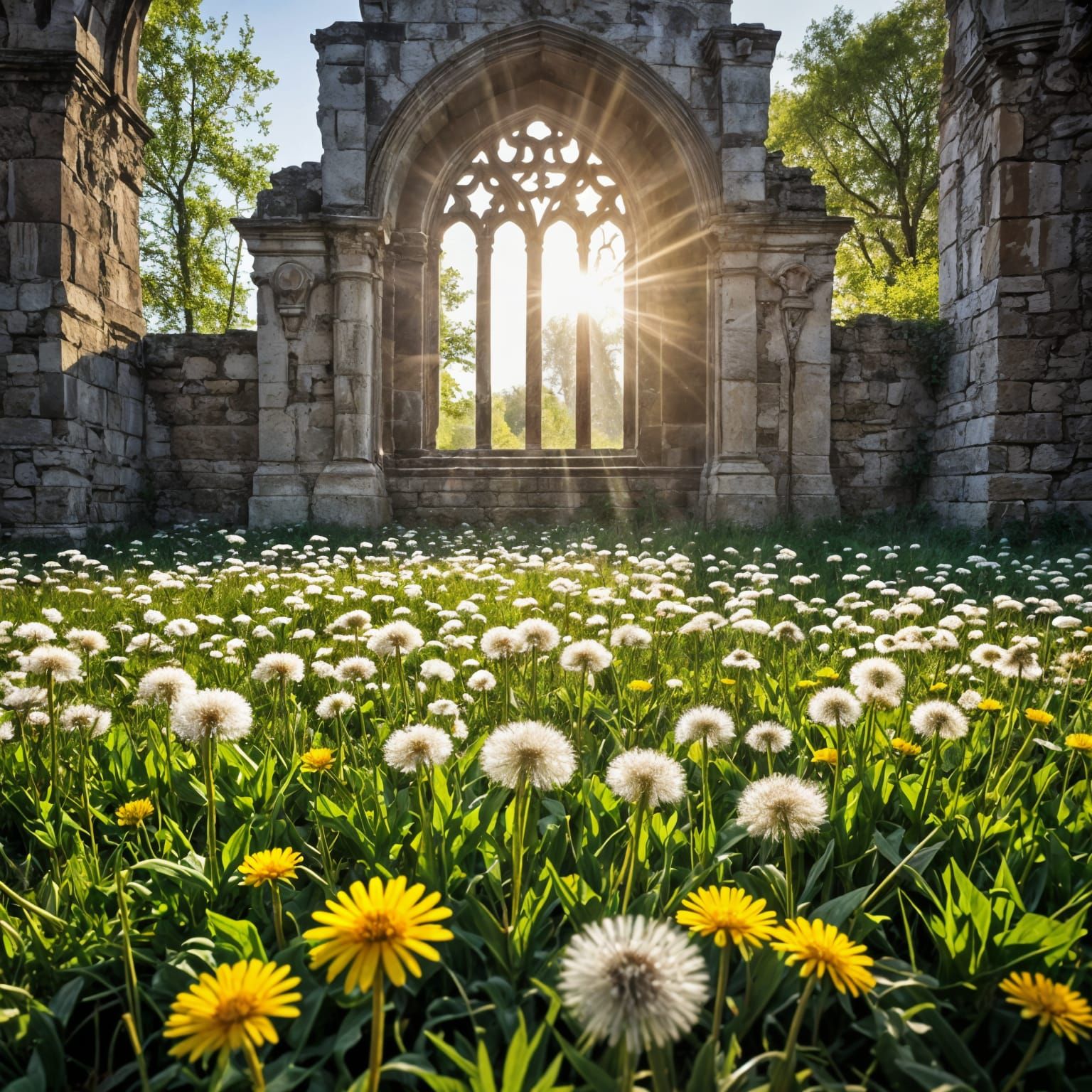 Dandelions Amidst Gothic Ruins in Vibrant Close-Up