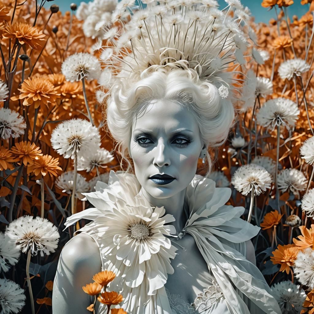 Ethereal Gothic Beauty in Dreamy Dandelion Landscape