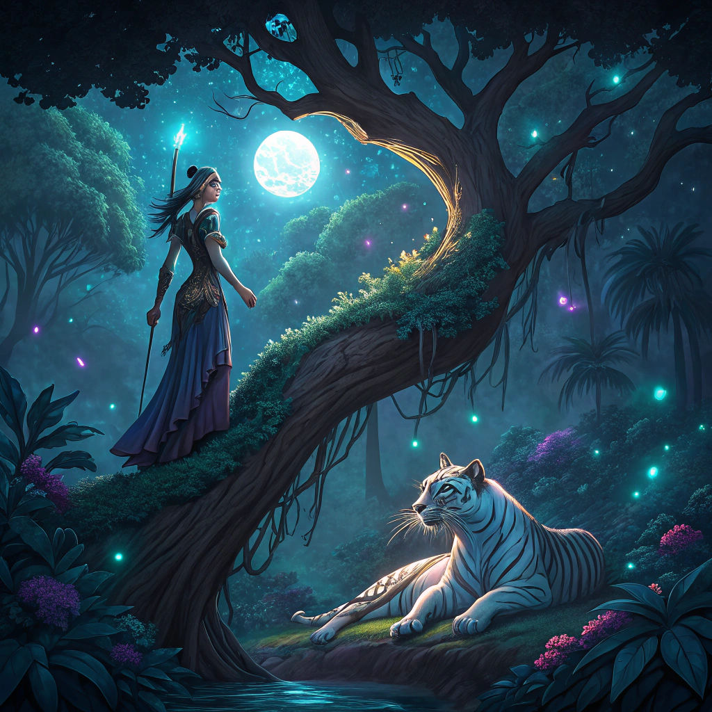 Moonlit Jungle Goddess with Tiger