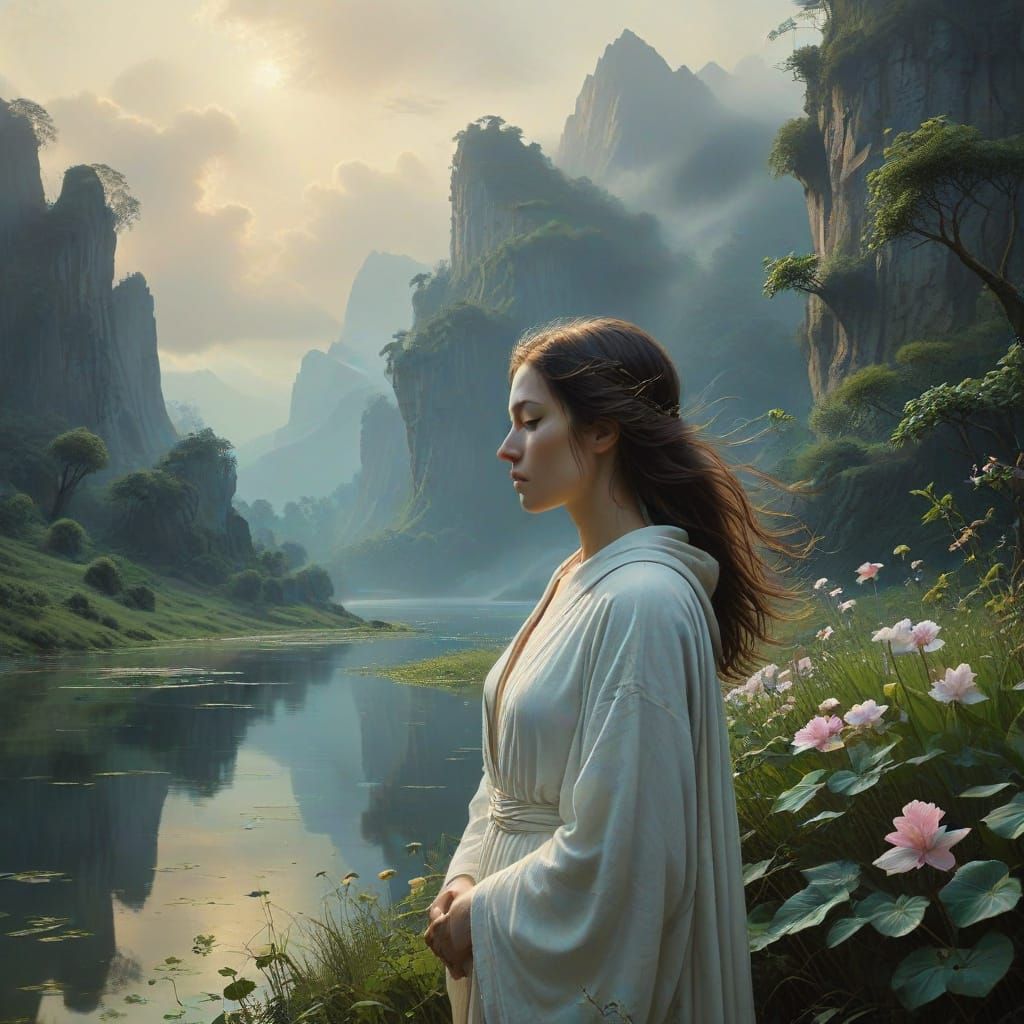 Serene Woman in Nature's Embrace, Inspired by Old Masters