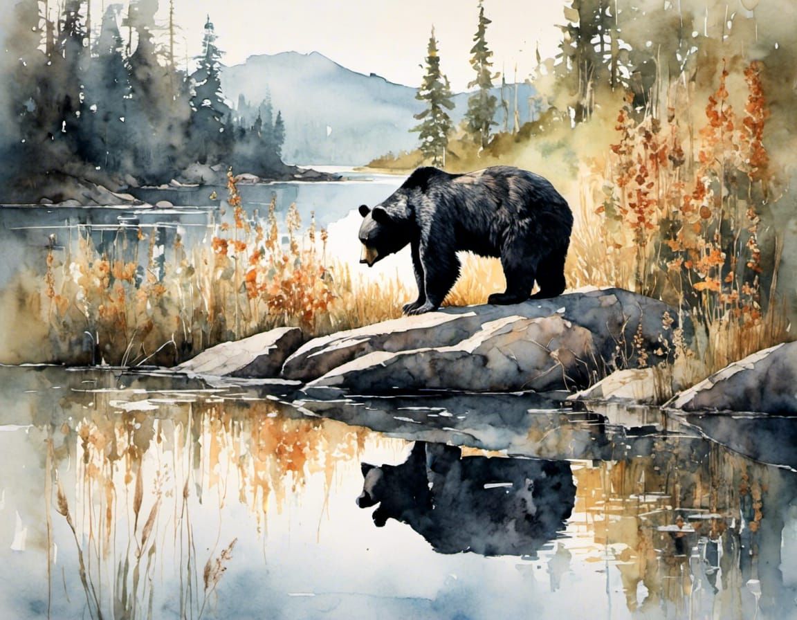 Stunning Watercolor Portrait of a Black Bear Drinking by a S...