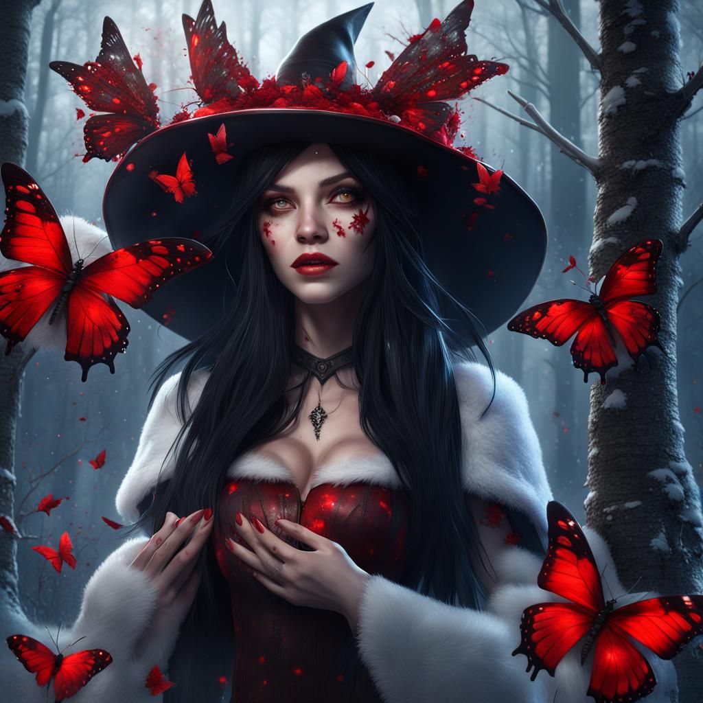 Christmas Witch in Dark Magic Frozen Forest