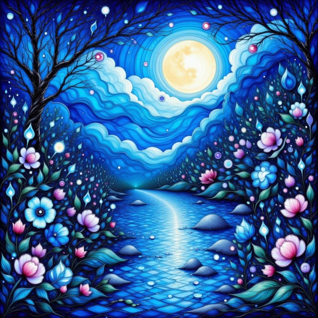 Reflective Secret Garden with Midnight Blue Sky