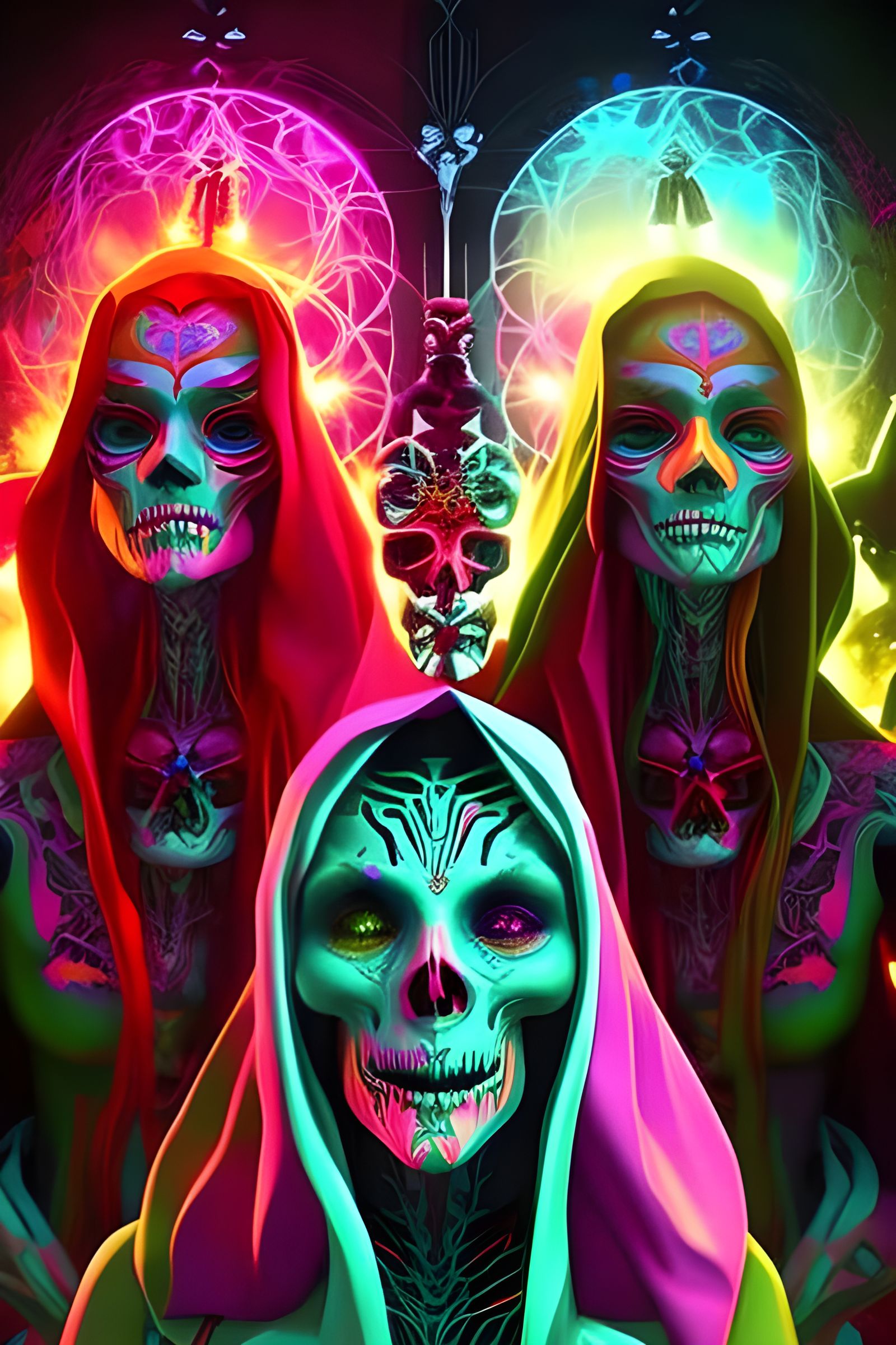 Brightly Lit Skeleton Revelers in Vibrant Colors Celebrate D...
