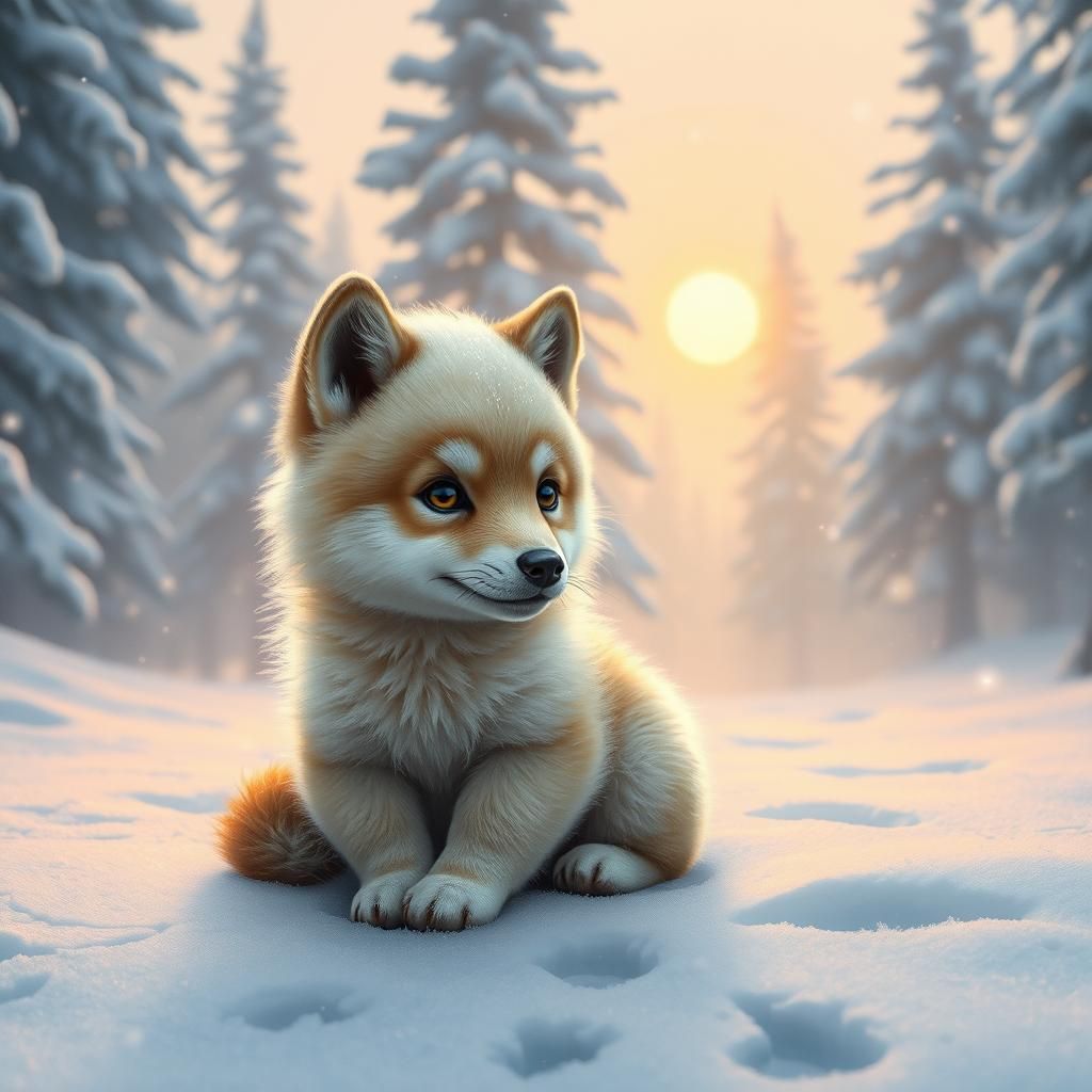 Tiny Wolf in Winter Wonderland in Snowy Forest