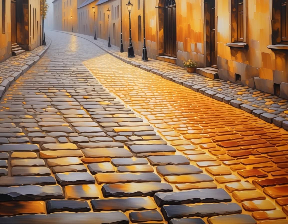 Warm Amber Light on Cobblestone Streets in Impressionist Sty...
