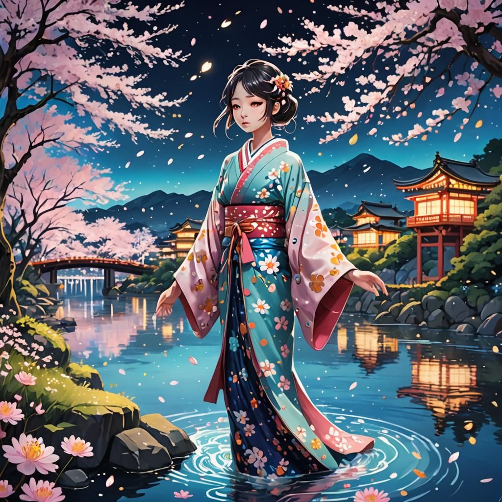 Whimsical Anime Landscape with Cherry Blossoms and Fireflies