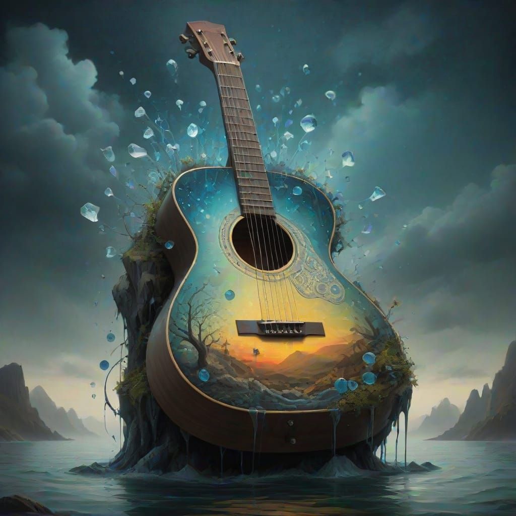 Ethereal Dreamcore Guitar in a Moody, Hyperdetailed Scene